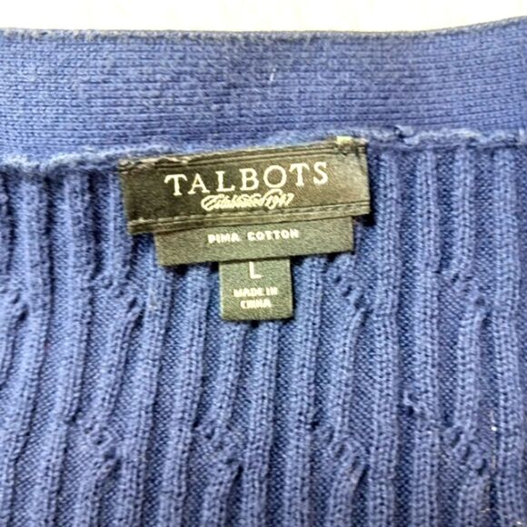 Talbots Prima Cotton Cable Knit Button Down Sweater Short Sleeve V-NECK Blue L.. - Picture 3 of 8